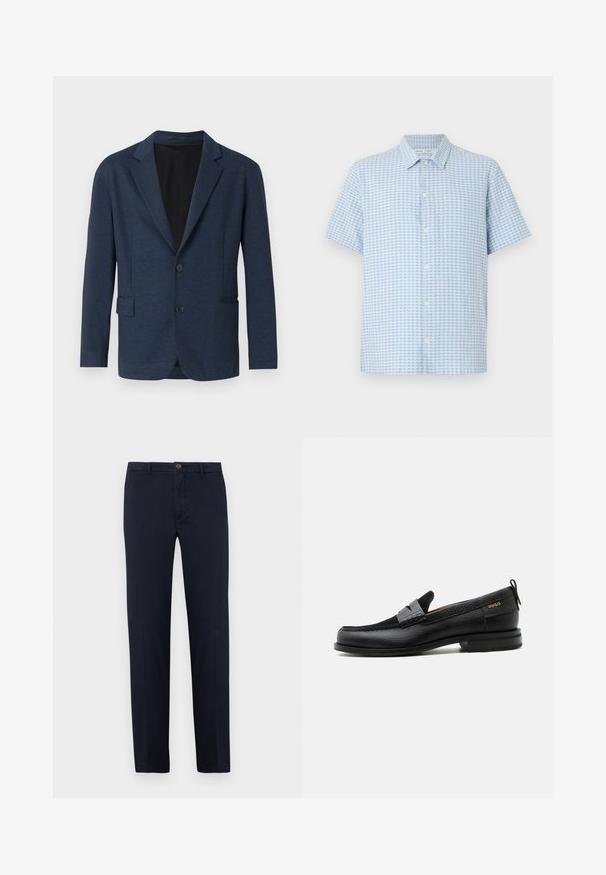 Navyblazer aus strukturiertem Stoff, mit einem einreihigen Design, Reverskragen, zwei Fronttaschen und zwei Knöpfen.; Hellblaues und weißes Kurzarmhemd mit kleinem Karomuster und klassischem Kragen auf weißem Hintergrund.; Marineblaue Baumwollhose mit geradem Bein, Frontreißverschluss und Ein-Knopf-Verschluss. Glatte Textur ohne sichtbare Muster.; Schwarzer Lederloafer mit grauem Riemendetail, niedrigem Absatz und strukturierter Sohle, seitlich mit „HUGO“ in Gold gebrandmarkt.