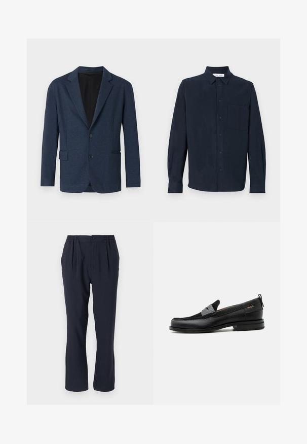 Navyblazer aus strukturiertem Stoff, mit einem einreihigen Design, Reverskragen, zwei Fronttaschen und zwei Knöpfen.; Navy-blaues Langarmhemd aus weichem Stoff, mit durchgehender Knopfleiste, spitzem Kragen und einer einzelnen Brusttasche.; Himmelblaues Hosen aus weichem Stoff mit einem elastischen Bund, ausgestattet mit vorderen Falten und einem geraden Bein-Design.; Schwarzer Lederloafer mit grauem Riemendetail, niedrigem Absatz und strukturierter Sohle, seitlich mit „HUGO“ in Gold gebrandmarkt.