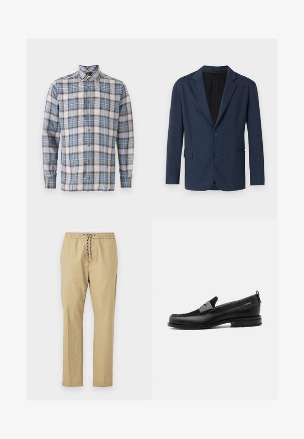 Navy blazer van textiel met een structuur, voorzien van een enkelvoudige sluiting, notch revers, twee voorkruiszakken en twee knopen.; Geruite shirt in witte, blauwe, groene en paarse tinten. Heeft een button-down kraag, lange mouwen en knopen aan de voorkant. Lichtgewicht stof.; Beige broeken met een elastische tailleband, verstelbaar trekkoord, rechte pijpen en een lichte stofstructuur.; Zwarte leren loafer met grijs riemdetailelement, lage hak en gestructureerde zool, aan de zijkant gebrandmerkt met "HUGO" in goud.