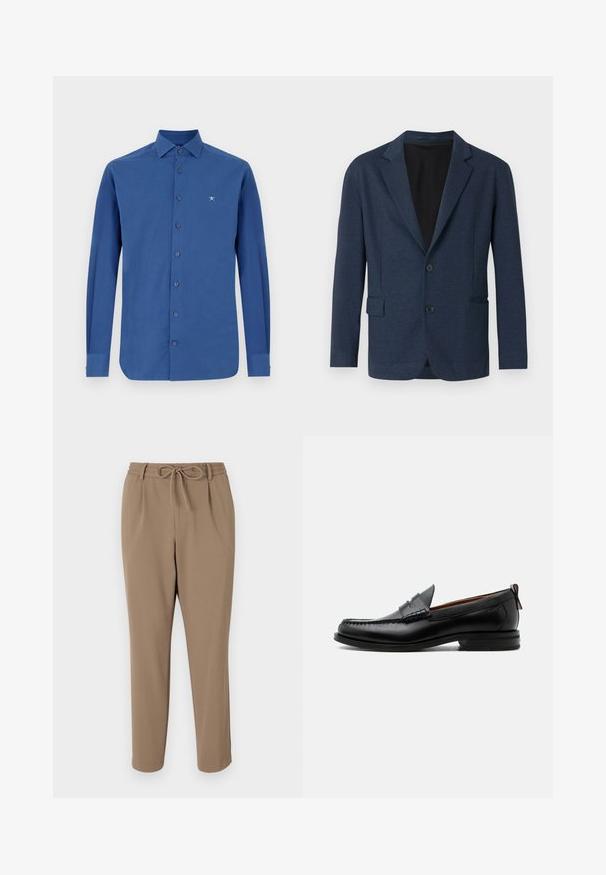 Blazer azul marino confeccionado en tejido texturizado, con un diseño de un solo botón, solapas con muesca, dos bolsillos delanteros y dos botones.; Camisa azul de manga larga hecha de algodón, con un cierre frontal de botones, un cuello clásico y un sutil bordado del logo en el pecho.; Pantalones beige ajustados con cintura ajustable, bolsillos laterales y textura suave. Sin patrones visibles ni acentos adicionales.; Mocasín de hombre de piel negra con costura moc toe, tira penny, cuello texturizado y tacón bajo apilado sobre fondo blanco.