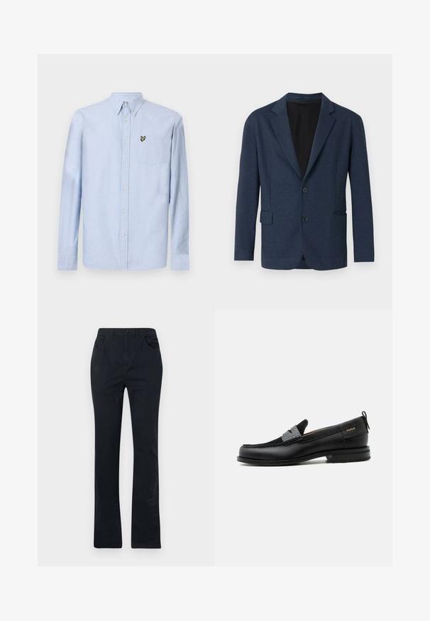 Navyblazer aus strukturiertem Stoff, mit einem einreihigen Design, Reverskragen, zwei Fronttaschen und zwei Knöpfen.; Hellblaues Langarmhemd mit Button-Down-Kragen, Brusttasche und gesticktem Logo. Hergestellt aus strukturiertem Baumwollstoff.; Dunkelblaue Baumwollhosen mit geradem Bein, ausgestattet mit zwei Fronttaschen, einem Knopfverschluss und minimalistischen Nähten.; Schwarzer Lederloafer mit grauem Riemendetail, niedrigem Absatz und strukturierter Sohle, seitlich mit „HUGO“ in Gold gebrandmarkt.