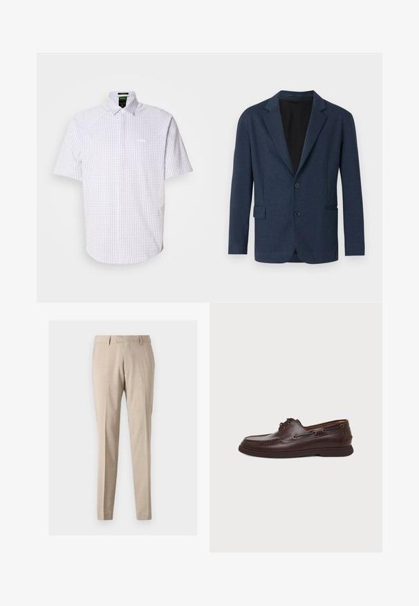 Blazer azul marino confeccionado en tejido texturizado, con un diseño de un solo botón, solapas con muesca, dos bolsillos delanteros y dos botones.; Camisa de botón de manga corta en blanco con un patrón de cuadros azules. Cuenta con un collar clásico y un logo sutil en el pecho.; Pantalones tapered beige confeccionados en tejido ligero, con pliegues frontales, dos bolsillos laterales y una textura suave.; Zapato náutico de cuero marrón oscuro con ojales para cordones, costuras moc toe y suela de goma plana sobre un fondo claro y liso.