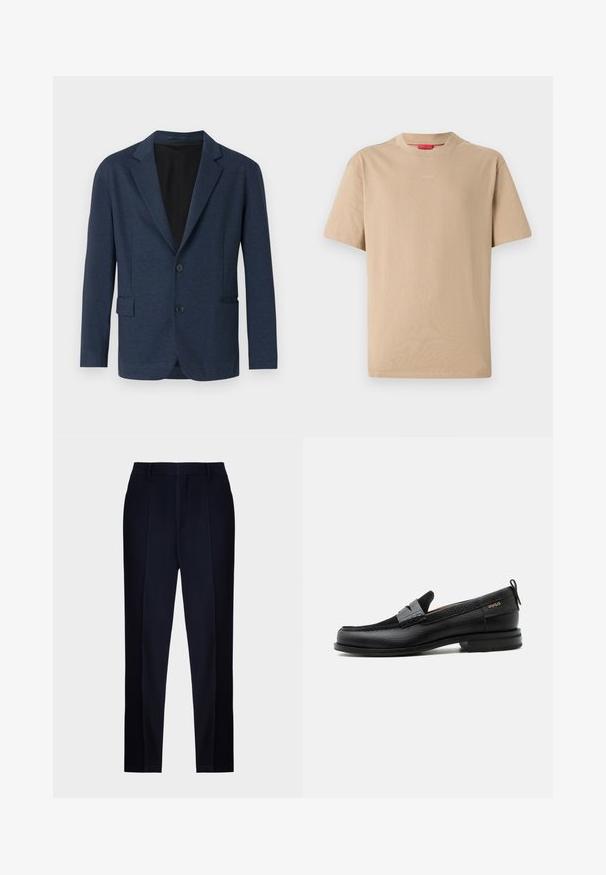Navyblazer aus strukturiertem Stoff, mit einem einreihigen Design, Reverskragen, zwei Fronttaschen und zwei Knöpfen.; Beige Baumwoll-T-Shirt mit kurzen Ärmeln, Rundhalsausschnitt und dezentem "HUGO"-Logo in der Mitte. Angenehme Textur, legerer Schnitt.; Navyblaue maßgeschneiderte Hose mit einer glatten Textur, flachem Bund, Gürtelschlaufen und einem schlanken, schmal zulaufenden Bein.; Schwarzer Lederloafer mit grauem Riemendetail, niedrigem Absatz und strukturierter Sohle, seitlich mit „HUGO“ in Gold gebrandmarkt.