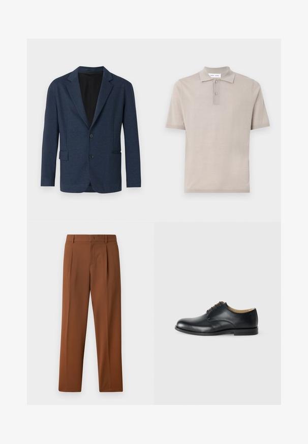 Marineblazer lavet af tekstureret stof, med en enkeltknap design, klapkrave, to frontlommer og to knapper.; Kortærmet polo-shirt i lys beige bomuld, med klassisk krave, to-knaps placket og en glat, struktureret finish.; Brune bukser med en glat, mat tekstur, der har en folder foran og lige ben. Lavet af letvægts, åndbart stof.; Calvin Klein ESS DERBY - Snøresko - triple black