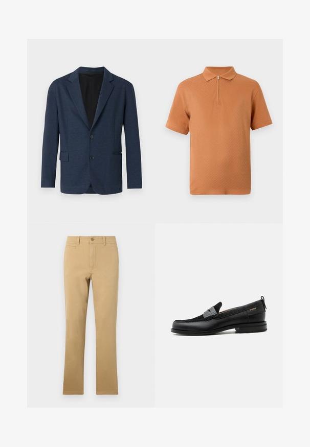 Marineblazer lavet af tekstureret stof, med en enkeltknap design, klapkrave, to frontlommer og to knapper.; Herre kortærmet tekstureret orange polo shirt med lynlås ved halsen og klassisk krave på hvid baggrund.; Kaki-farvede lige ben bukser lavet af bomuld, med knaplukning, forlommer og en glat overflade.; Sort læderloafer med grå remdetalje, lav hæl og tekstureret sål, mærket med "HUGO" i guld på siden.