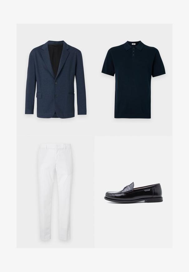 Blazer azul marino confeccionado en tejido texturizado, con un diseño de un solo botón, solapas con muesca, dos bolsillos delanteros y dos botones.; Camisa polo azul marino de manga corta, con tela texturizada, tapeta de tres botones y cuello y puños de punto.; Pantalones blancos de corte ajustado con trabillas para cinturón y bolsillos laterales, mostrados extendidos sobre un fondo claro.; Mocasines de cuero negro con acabado brillante, que presentan un diseño cosido en la puntera y una suela baja de goma negra texturizada.