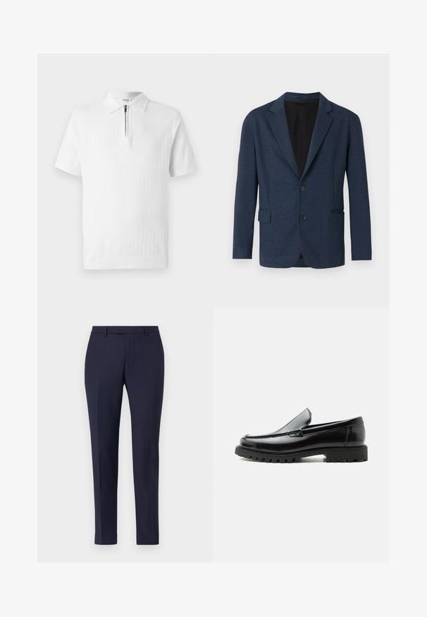Navyblazer aus strukturiertem Stoff, mit einem einreihigen Design, Reverskragen, zwei Fronttaschen und zwei Knöpfen.; Weißes kurzärmeliges Polohemd mit strukturiertem Strick, ausgestattet mit einem Reißverschlusskragen und einem gerippten Saum. Sauberes Design, geeignet für die legere Freizeit.; Navyblaue maßgeschneiderte Hose mit einem eleganten Design, flachem Vorderteil, schmalen Beinen und ohne sichtbare Beschläge oder Muster. Glatte Stofftextur.; Schwarzer Lederloafer mit grober Gummisohle, genähter Oberseite und geprägtem Markennamen an der Ferse, seitlich auf weißem Hintergrund gezeigt.