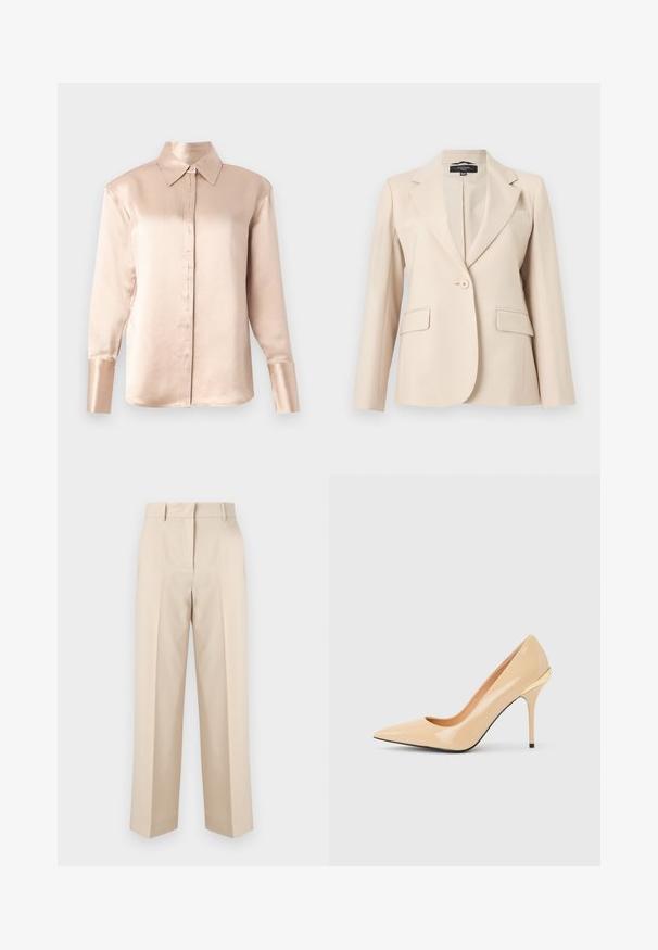 Blazer beige à un bouton avec revers crantés, deux poches à rabat et une poche poitrine à passepoil, présenté sur un fond blanc.; Blouse en satin beige doux avec un col classique, des manches longues, un devant boutonné et une coupe légèrement oversize. Texture lisse, détails minimalistes.; Pantalon beige taille haute, coupe ajustée, avec passants de ceinture et jambes droites, présenté sur un fond blanc uni.; Escarpin à talon haut en cuir verni beige avec bout pointu et talon aiguille fin, orné d'un petit accent doré à l'arrière.