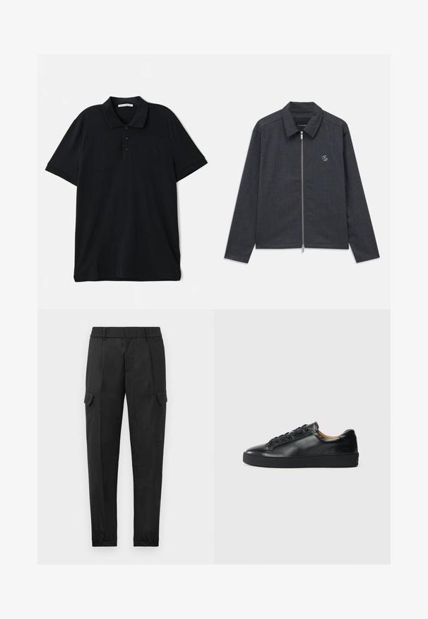 Chaqueta de manga larga gris oscuro con cremallera frontal, cuello y pequeño logo bordado en blanco "FP" en el lado izquierdo del pecho.; Polo negro de algodón, con cuello clásico, tapeta de tres botones, mangas cortas y un discreto detalle del logo en la parte frontal.; Pantalones cargo negros con una cintura elástica, pierna ajustada, bolsillos laterales y un solo bolsillo cargo en el muslo izquierdo. Textura suave.; Zapatilla negra de cuero con una textura suave, puntera redonda y cierre de cordones. Presenta una suela de goma gruesa y un detalle de marca mínimo.