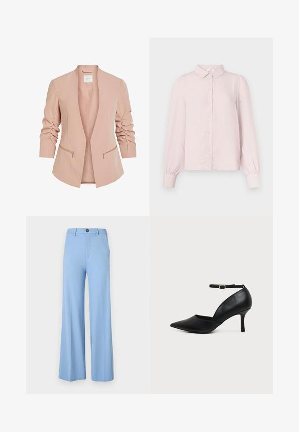 Lys pink blazer med lange ærmer, der har samlet detaljer og gyldne lynlåslommer. Åbent frontdesign, lavet af et glat stof.; Lyserød langærmet skjorte med krave, knaplukning foran og indsamlede ærmer, lavet af blødt stof med en glat tekstur.; Lys blå vide bukser lavet af et glat stof, med knaplukning og forlommer. Rent, skræddersyet design uden mønstre.; Sort læder sko med spids tå, kitten heel, ankremme og gylden spænde på neutral baggrund.