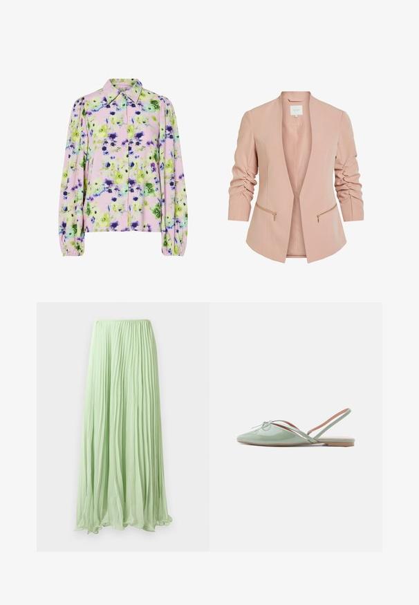 Lichtroze blazer met lange mouwen, voorzien van geraffineerde details en gouden ritszakken. Ontwerp met open voorkant, gemaakt van een gladde stof.; Bloes met bloemenpatroon, vervaardigd uit pastelroze stof met groene en paarse bloemen, met een kraag en opgeblazen lange mouwen.; Lichtgroene geplooide lange rok van lichte stof met elastische tailleband, weergegeven tegen een witte achtergrond.; Glanzende lichtgroene platte schoen met spits toelopende neus, slingback bandje en kleine decoratieve strik bovenop, zijaanzicht op een witte achtergrond.