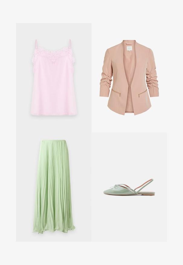 Lys pink blazer med lange ærmer, der har samlet detaljer og gyldne lynlåslommer. Åbent frontdesign, lavet af et glat stof.; Lyserød camisole med justerbare stropper, der har en delikat spidskant langs udskæringen og en glat, blød stofoverflade.; Lys grøn plisseret lang skirt lavet af let stof med elastisk talje, præsenteret mod en hvid baggrund.; Skinnende bleggrøn flad sko med spids tå, slingback-strop og lille dekorativ sløjfe på toppen, vist fra siden på en hvid baggrund.