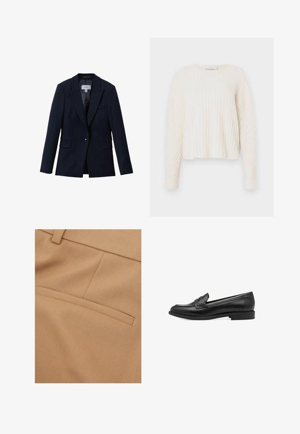 Reiss GABI TAILORED SINGLE BREASTED - Blazer - navy; CLOSED CREW NECK - Striktrøje - ecru; Beige stof i nærbillede med en tekstureret overflade, med en enkelt baglomme og rene syningsdetaljer.; Sorte læder loafers med en glat overflade, udstyret med en vævet detalje over forgængeren og en lav, rund hæl. Enkel design og form.