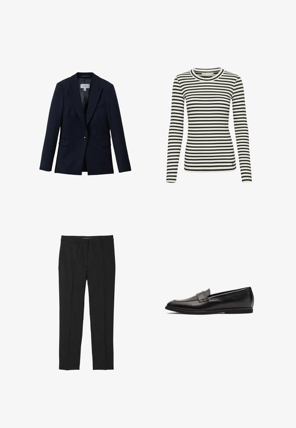 Reiss GABI TAILORED SINGLE BREASTED - Blazer - navy; Zwart-witte gestreepte langekleding met een geribbelde textuur en een ronde halslijn. Heeft een klein logo op de onderkant van de voorkant.; Zwarte broek van gladde stof, met een rechte pijp, voorzakken en een platte tailleband zonder zichtbare sluitingen.; Zwarte leren instapper met een gladde afwerking, ronde neus en dubbele stiksels op de bovenkant. Platte rubberen zool voor comfort.