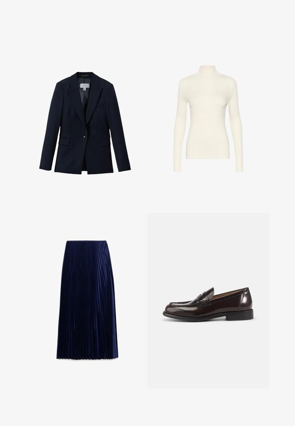 Reiss GABI TAILORED SINGLE BREASTED - Bleiser - navy; Valge pika varrukaga kõrge kaelusega topp, valmistatud siledast kangast, millel on vormiv kuju ja minimaalne disain.; Tumeplekkidega midi-seelik, mis on valmistatud kergest kangast ja millel on sile tekstuur, ühtlaselt jaotatud vertikaalsete volditega ja elastse vöökohaga.; Tumepruun poleeritud nahast meeste penny loafer madala kontsa ja õmmeldud detailidega valgel taustal.