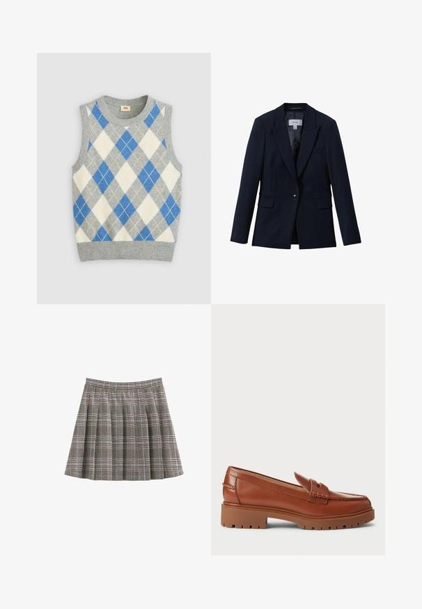 Reiss GABI TAILORED SINGLE BREASTED - Blazer - navy; Grå ærmeløs sweater med et argyle mønster i blå, hvid og gul. Har en rund halsudskæring og ribbet kant. Fremstillet af blødt stof.; Plisseret nederdel i sort, hvid og grå med folder og en tilpasset linning. Ensartet tekstur med et klassisk tartanmønster over hele.; Brune læder loafers med en moccasin-foddesign, synlig syning og en kraftig, tekstureret gummisål. Hardware i guldfarve som accent.