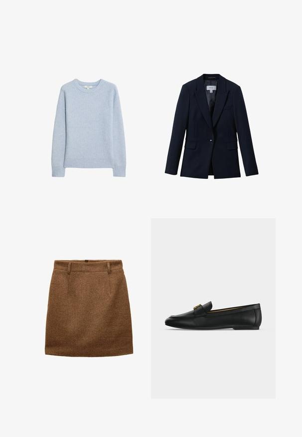 Reiss GABI TAILORED SINGLE BREASTED - Blazer - navy; Suéter de punto de canalé azul claro con escote redondo, hombros caídos y dobladillo y puños de canalé. Textura suave y corte relajado.; Falda marrón hasta la rodilla con patrón de espiga, trabillas para cinturón y una silueta recta y ajustada.; Zapato mocasín de cuero negro con detalle de hebilla metálica dorada en la parte superior, suela plana y diseño con costuras a lo largo del borde superior.
