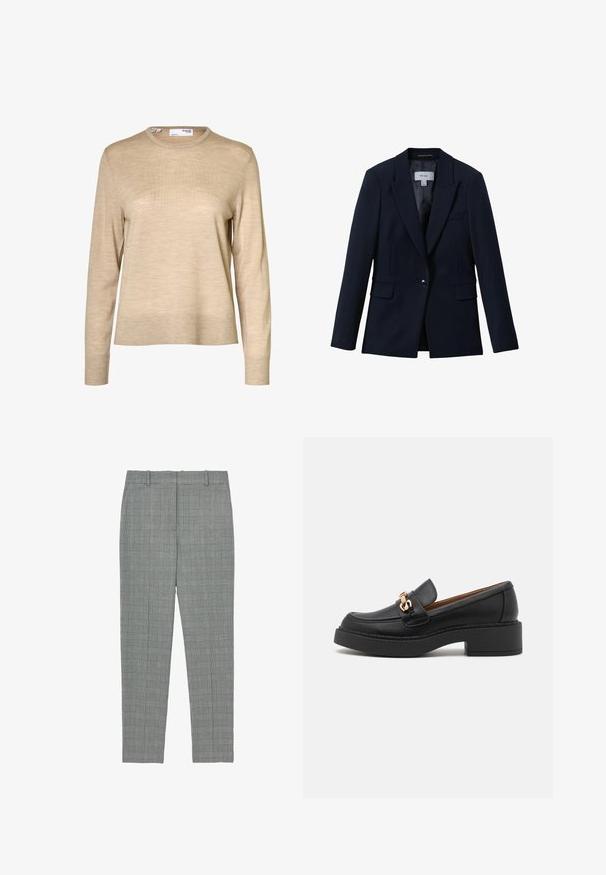 Reiss GABI TAILORED SINGLE BREASTED - Blejzer - navy; Béžový vlnený sveter s dlhým rukávom, okrúhlym výstrihom a rebrovanými manžetami a lemom, zobrazený na bielom pozadí.; Sivé kockované nohavice so zúženým strihom, s pútkami na opasok a plochým predným dielom, navrhnuté pre prispôsobený strih.; Čierny kožený mokasín s masívnou podrážkou na platforme, ozdobený zlatým reťazovým detailom a viditeľným prešitím. Hladká textúra a elegantný dizajn.