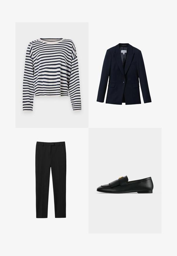 Reiss GABI TAILORED SINGLE BREASTED - Blejzer - navy; Bavlnený sveter s dlhým rukávom s horizontálnymi pruhmi v námorníckej modrej a krémovej farbe, okrúhlym výstrihom a skráteným strihom s rebrovanými detailmi.; Čierne nohavice s priliehavým strihom, rovný predok, dve bočné vrecká a rovný strih nohavíc. Vyrobené z hladkej látky s jemným leskom.; Čierny kožený mokasín s strapcami na prednom diele a malou zlatou prackou na jednoduchom svetlošedom pozadí.