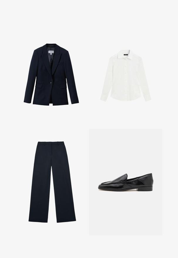 Reiss GABI TAILORED SINGLE BREASTED - Blazer - navy; Weißes langärmliges Hemd mit Kragen und Manschetten, flach auf weißem Hintergrund dargestellt.; Schwarze Weitbein-Hose mit Gürtelschlaufen und frontaler Reißverschluss-Schließung, flach auf weißem Hintergrund dargestellt.; Schwarze Lederloafers mit glatter Oberfläche, die ein gesticktes Design entlang der vorderen Kante und einen niedrigen, quadratischen Absatz aufweisen.