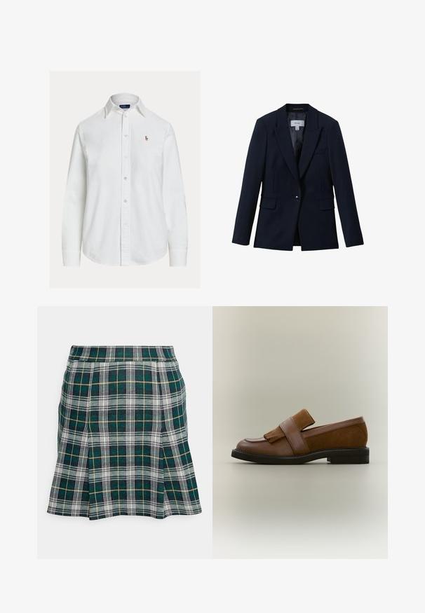Reiss GABI TAILORED SINGLE BREASTED - Bleiser - navy; Valge pikkade varrukatega nööbitav triiksärk kraega ja vasakul rinnal väikese tikitud logoga, esitatud ühevärvsel taustal.; Hollister Co. PLEATED MINI SKIRT - Miniseelik - green; Pruun nahast ja seemisnahast loafersi king, millel on hattudega rihma detail ja must talla, esitatuna küljelt neutraalsel taustal.