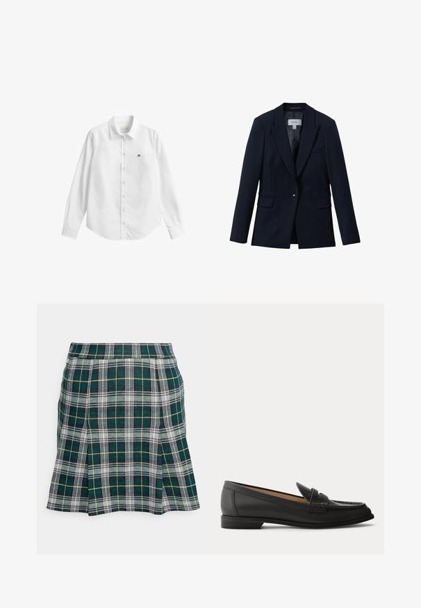 Reiss GABI TAILORED SINGLE BREASTED - Blejzer - navy; Biela košeľa s dlhým rukávom na gombíky vyrobená z látky s jemnou textúrou. Má predné vrecko s malým vyšívaným logom a klasický golier.; Hollister Co. PLEATED MINI SKIRT - Minisukňa - green; Čierne dámske kožené mokasíny s nízkym podpätkom, zaoblenou špičkou a prešitými detailmi na vrchnej časti, zobrazené z boku na jednofarebnom pozadí.