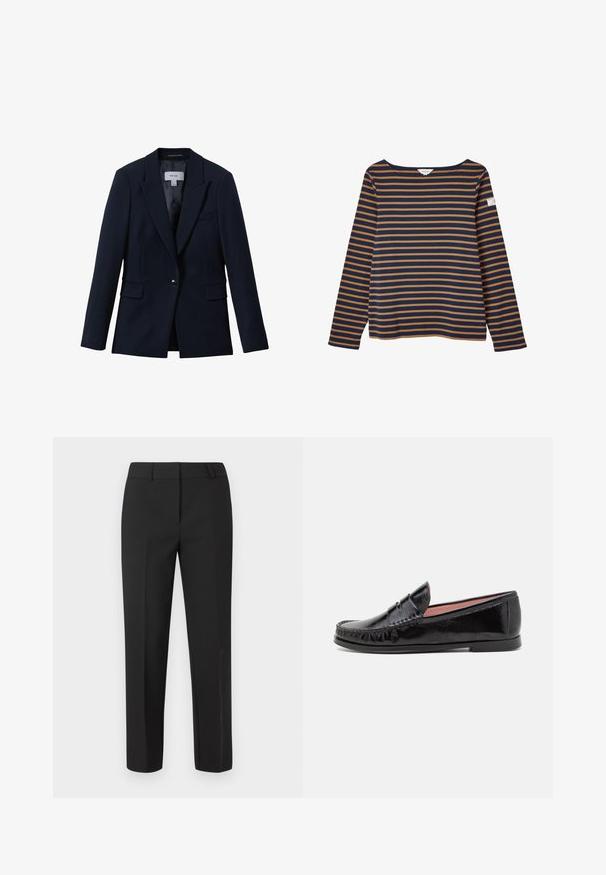 Reiss GABI TAILORED SINGLE BREASTED - Blazer - navy; Langærmet skjorte med horisontale striber i marineblå og brun, bådudskæring og lille stoflabel på venstre ærme.; Sorte skræddersyede bukser med lige ben, flad front og uden synlige pyntedetaljer. Fremstillet af et glat stof med en skarp finish.; Sorte laklæder loafer-sko med rund tå, dekorativ syning på overdelen og en lav, flad gummisål.