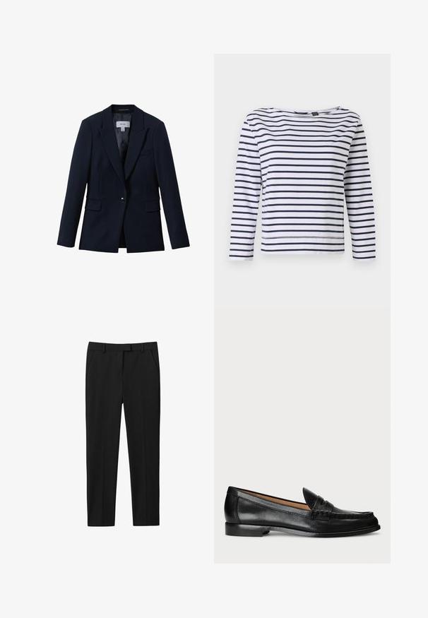 Reiss GABI TAILORED SINGLE BREASTED - Blazer - navy; Stribet langærmet top i hvid og marineblå, med en bådudskæring og en afslappet pasform. Lavet af blødt bomuldsstof med syede kanter.; Sorte bukser med skræddersyet design, flad front, to sidelommer og lige benudskæring. Fremstillet af glat stof med en subtil glans.; Lauren Ralph Lauren WYNNIE - Loafers - black