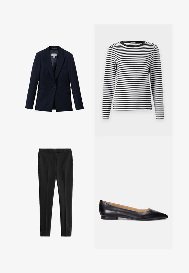 Reiss GABI TAILORED SINGLE BREASTED - Blazer - navy; Camisa de manga larga a rayas en blanco y negro, con un cuello redondeado verde. Tejido suave con un corte regular y dobladillo recto.; Pantalones negros de tejido suave, con un corte entallado, pliegues frontales y pasadores para cinturón, además de bolsillos laterales y traseros.; Bailarinas de cuero negro con punta afilada, tacón bajo y un acento dorado en el tacón. Textura suave con una silueta clásica.