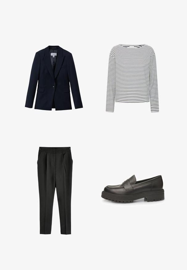 Reiss GABI TAILORED SINGLE BREASTED - Blazer - navy; Langærmet top med bådudskæring, lavet af blødt stof med marineblå og hvide vandrette striber. Ligefrem skæring og minimal detaljer.; Sorte skræddersyede bukser med en talje, frontfolder og sidelommer. Fremstillet af glat stof, med et lige ben-design og uden synlige mønstre.; Sorte læder loafers med rund tå, fremtrædende syninger og en ribbede gummisål for forbedret traction. Klassisk slip-on design.