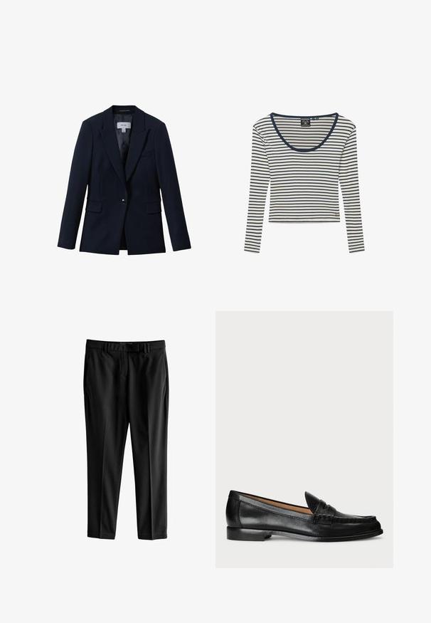 Reiss GABI TAILORED SINGLE BREASTED - Blazer - navy; Camisa blanca de manga larga con estrechas rayas horizontales azul marino y ribete azul marino alrededor del escote redondo, con pequeño logo dorado cerca del bajo.; Next TAILORED SLIM - Pantalones - black; Lauren Ralph Lauren WYNNIE - Zapatos sin cordones - black