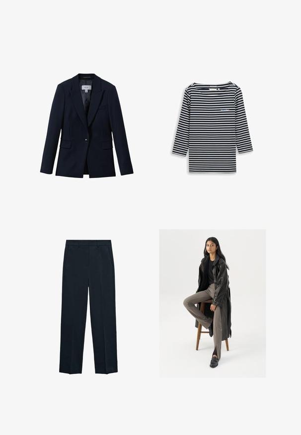 Reiss GABI TAILORED SINGLE BREASTED - Blejzer - navy; Modrý a biely pruhovaný top s dlhým rukávom a širokým výstrihom s vyšívaným textom na ľavej strane hrudníka. Vyrobený z mäkkej látky.; Námornícke modré nohavice s rovnou nohou, plochým predným dielom, dvoma bočnými vreckami a hladkou textúrou. Žiadne viditeľné vzory alebo akcenty.; Čierny kožený trenčkot s gombíkmi a detailom pásu, v kombinácii so svetlohnedými priliehavými nohavicami a čiernymi mokasínami, posadený na drevenej stoličke.
