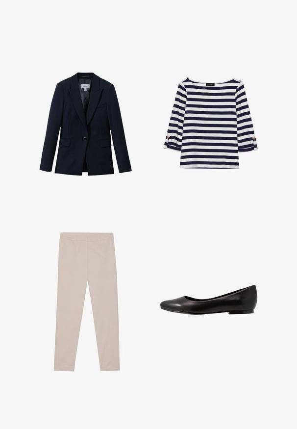 Reiss GABI TAILORED SINGLE BREASTED - Blazer - navy; Marineblå og hvide stribede langærmede top med bådudskæring og guldknapdetaljer på opsmøgede ærmer. Blødt stof, afslappet pasform.; Beige bukser lavet af blødt stof, med lige snit, forlommer og en ren talje uden pynt eller mønstre.; Sort ballette sko lavet af glat læder med rund tå og lav, flad sål. Har en glat overflade med et enkelt og strømlinet design.