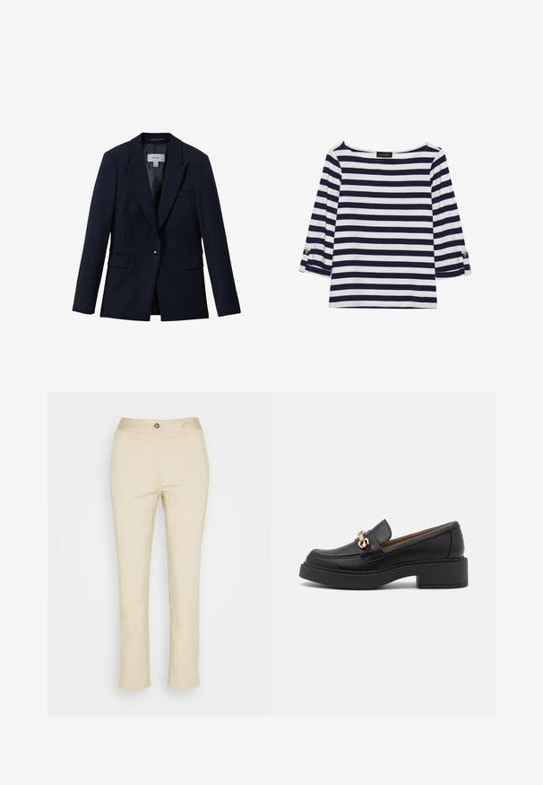 Reiss GABI TAILORED SINGLE BREASTED - Blejzer - navy; Námornícky a bielo pruhovaný top s dlhým rukávom, ktorý má lodičkový výstrih a zlaté gombíkové akcenty na zrolovaných rukávoch. Mäkčená látka, voľný strih.; Béžové bavlnené nohavice so rovnými nohavicami, s predným zapínaním na gombík a bočnými vreckami. Hladká textúra a minimálne detaily.; Čierny kožený mokasín s masívnou podrážkou na platforme, ozdobený zlatým reťazovým detailom a viditeľným prešitím. Hladká textúra a elegantný dizajn.