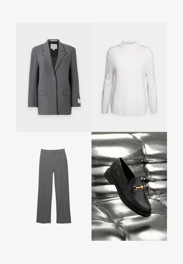Blazer gris au design structuré, fermeture simple boutonnage, deux poches avant et un léger éclat. Doté de boutons marron et d'une étiquette intérieure.; pure cashmere MOCKNECK - Pullover - vintage white; Pantalon gris à jambes larges en tissu texturé, avec devant plat, deux plis verticaux et une taille standard.; Mocassin en cuir noir avec un détail en métal doré. La chaussure présente un design épuré et une texture lisse et brillante.