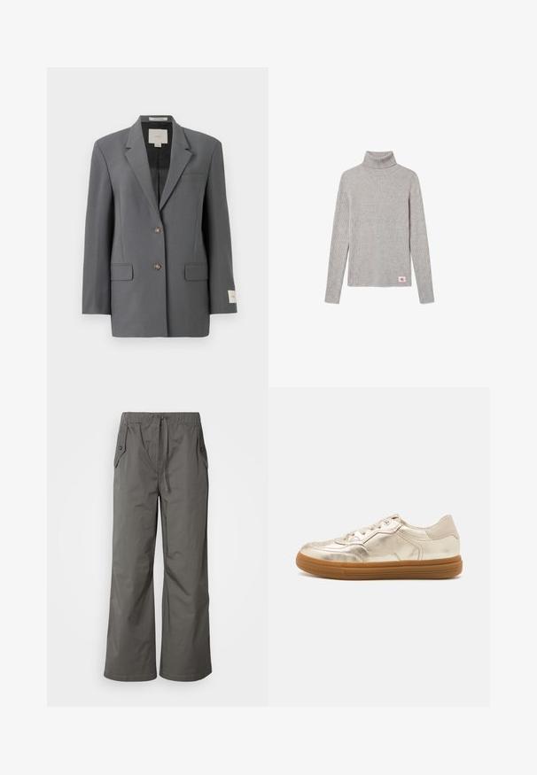 Grå blazer med struktureret design, enkeltknappet lukning, to forlommer og en diskret glans. Har brune knapper og en label indeni.; Lysegrå ribbet langærmet rullekravesweater med et lille rødt og hvidt CK-logo nær nederste kant.; Grå vide benbukser lavet af letvægtsstof, der har elastisk talje, snor og to sidelommer med knap-accenter.; Metalliske guld sneakers med en glat finish, der har en gummisål, snørebånd i front og subtile perforeringer på tåen.