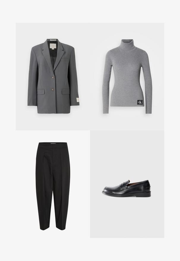 Grijze blazer met een gestructureerd ontwerp, een enkelrijige sluiting, twee voorzakken en een subtiele glans. Voorzien van bruine knopen en een label aan de binnenkant.; Grijze geribbelde turtleneck trui met lange mouwen, aansluitend ontwerp en een zwart label met witte merkinitialen aan de onderkant.; Zwarte broeken van een gladde stof, met een hoge taille, midden plooi en taps toelopende pijpen. Geen zichtbare zakken of versieringen.; Zwarte leren instappers met een ronde neus, gestikte details en een lage blokhak. Soepele textuur met een subtiele glans.