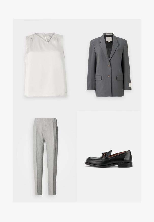 Blazer gris au design structuré, fermeture simple boutonnage, deux poches avant et un léger éclat. Doté de boutons marron et d'une étiquette intérieure.; Blouse blanche sans manches avec col en V, plis subtils aux épaules et fermeture éclair au dos, présentée sur un fond uni.; Pantalon gris clair plissé avec une coupe ajustée. Il présente un tissu texturé, des poches latérales et un design classique à jambes droites.; Mocassin en cuir noir avec un petit talon, un bout arrondi et un détail de boucle métallique décorative à l'avant.