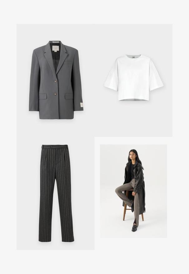 Grijze blazer met een gestructureerd ontwerp, een enkelrijige sluiting, twee voorzakken en een subtiele glans. Voorzien van bruine knopen en een label aan de binnenkant.; Witte oversized croptop met korte mouwen en ronde hals, gemaakt van gladde stof, weergegeven op een effen lichte achtergrond.; Grijs gestreepte broek van geweven stof. Heeft een hoge taille, plooien aan de voorkant en een rechte pijpdesign. Standaard knoopsluiting.; Zwarte leren trenchcoat met knopen en riemdetails, gecombineerd met lichtbruine getailleerde broek en zwarte loafers, zittend op een houten kruk.