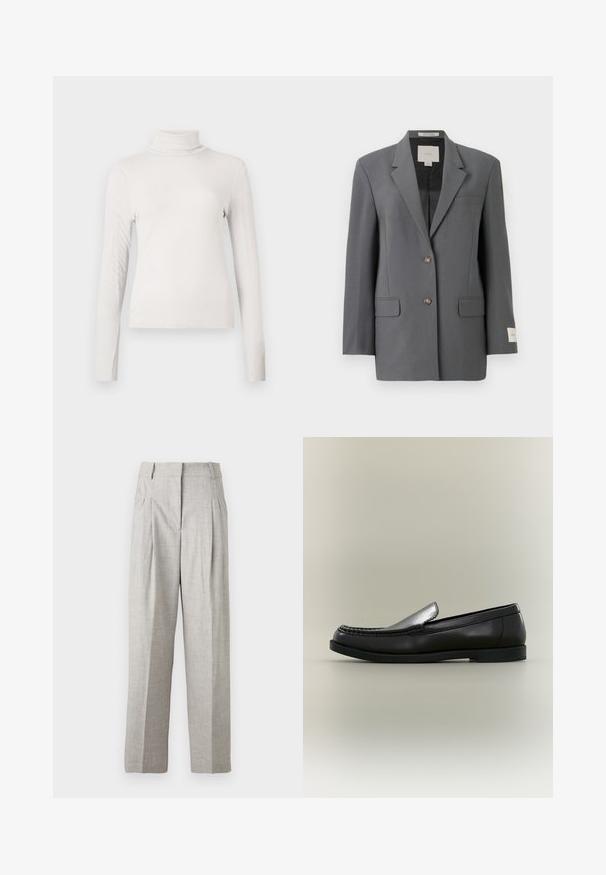 Blazer gris au design structuré, fermeture simple boutonnage, deux poches avant et un léger éclat. Doté de boutons marron et d'une étiquette intérieure.; Haut à col roulé à manches longues côtelé de couleur crème avec une silhouette ajustée sur un fond blanc uni.; Pantalon gris clair avec une finition texturée, présentant un design taille haute et deux plis à l'avant. Coupe droite sans poches visibles.; Mocassin en cuir noir avec couture moc toe, petit talon et design à enfiler sur fond neutre.