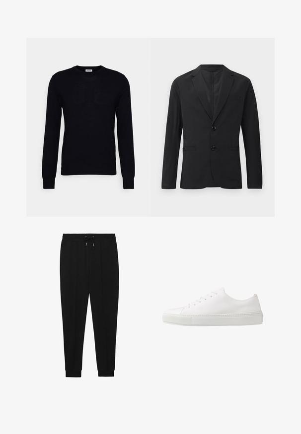 Sort blazer lavet af glat stof, med en to-knaps lukning, spidse lapeller og to frontlommer. Ingen synlige mønstre eller accenter.; Sort langærmet sweater lavet af blødt strikket materiale. Rund halsudskæring, ribbede manchetter og kant. Minimalistisk design uden synlige mønstre eller knapper.; Sorte træningsbukser med snøre i taljen, tapered ben og ribbede manchetter. Fremstillet af et blødt stof med en glat tekstur.; Hvide lædersneakers med en glat finish, rund tå og seks øjer til snørebånd. Har en tekstureret gummisål og et minimalisk design.