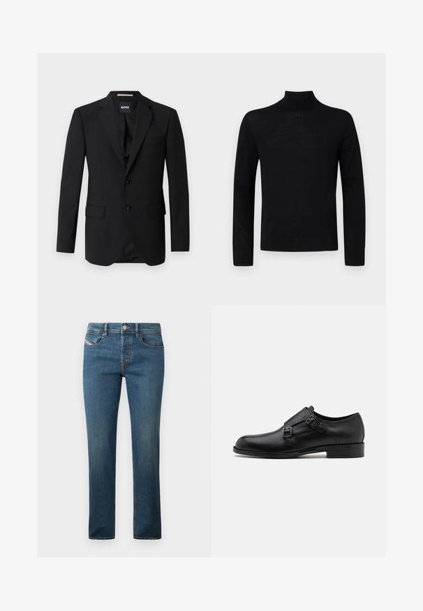Blazer negro con solapas de muesca, diseño de un solo botón, dos botones y dos bolsillos frontales. Tejido suave y corte entallado.; Suéter de cuello alto negro hecho de una tela suave, con mangas largas y una silueta ajustada, decorado con un pequeño detalle redondo en el cuello.; Jeans de mezclilla azul oscuro con un diseño de pierna recta, estilo de cinco bolsillos y un ligero desgaste. Presenta un botón de metal y trabillas para el cinturón.; Zapato de vestir de cuero negro con doble hebilla, silueta elegante y punta redonda. Cuenta con un tacón bajo y una textura suave.