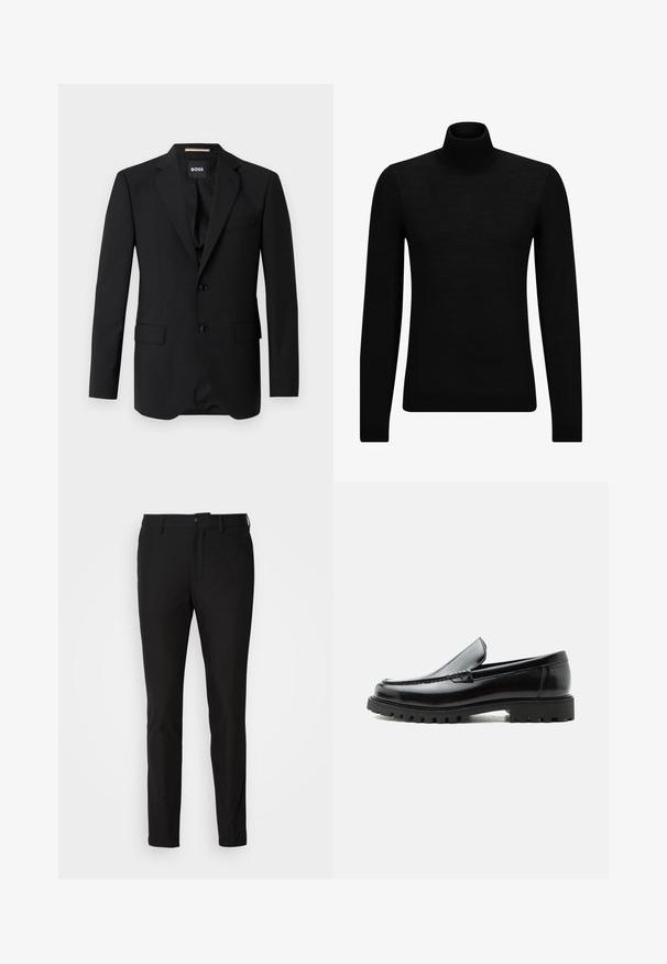 Blazer noir avec revers crantés, design à un bouton, deux boutons et deux poches avant. Tissu lisse et coupe ajustée.; Pull à col roulé noir en matériau doux, avec des manches longues et une coupe ajustée. Finition côtelée au bas et aux poignets. Design simple.; Pantalon noir ajusté, avec une fermeture à bouton, une braguette zippée et deux poches avant. Tissu lisse avec un fini mat.; Mocassin en cuir noir avec semelle en caoutchouc épaisse, dessus cousu et nom de marque embossé sur le talon, présenté de profil sur fond blanc.