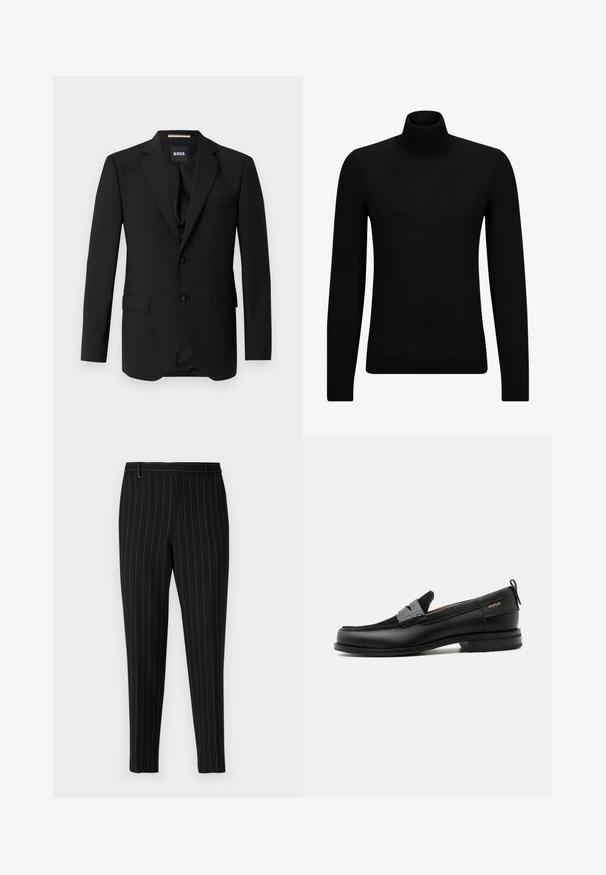 Musträärige must bleiser, millel on narmastega krae, ühesuunaline disain, kaks nuppu ja kaks eesmist taskut. Sile kangas ja täpne istuvus.; Musthave muströid ja pehmest materjalist must turtleneck, millel on pikad varrukad ja tihe istuvus. Ribaga ääris allservas ja vöökohal. Lihtne disain.; Mustrid mustad püksid, millel on õhukesed vertikaalsed triibud, kohandatud lõige, ees olevad taskud ja vööloopide. Valmistatud siledast, tekstureeritud kangast.; Must nahast loafer halli rihma detailiga, madala kand ja tekstuurse tallaga, külgedel kuldse "HUGO" brändiga.