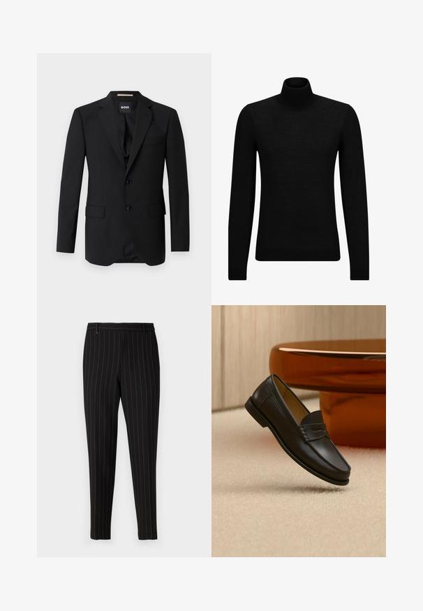 Schwarzes Blazer mit Reverskragen, einreihigem Design, zwei Knöpfen und zwei frontalen Taschen. Glattes Gewebe und taillierte Passform.; Schwarzer Rollkragenpullover aus weichem Material mit langen Ärmeln und enger Passform. Rippbesatz am Saum und an den Bündchen. Einfaches Design.; Schwarze Hose mit feinen vertikalen Streifen, taillierte Passform, mit Fronttaschen und Gürtelschlaufen. Hergestellt aus einem glatten, strukturierten Stoff.; Schwarzer Leder-Loafer, der über einem hellbeigen Teppich schwebt, mit bernsteinfarbenen modernen Möbeln im Hintergrund.