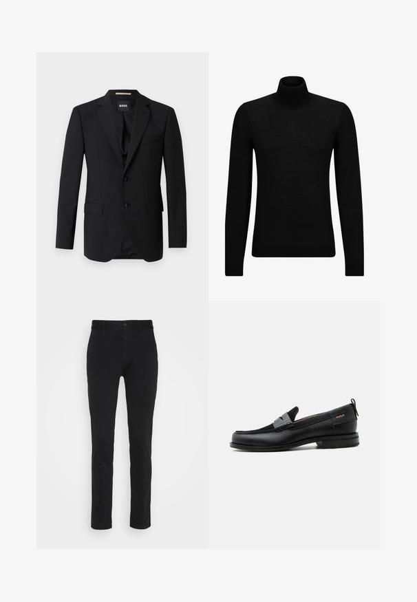 Musträärige must bleiser, millel on narmastega krae, ühesuunaline disain, kaks nuppu ja kaks eesmist taskut. Sile kangas ja täpne istuvus.; Musthave muströid ja pehmest materjalist must turtleneck, millel on pikad varrukad ja tihe istuvus. Ribaga ääris allservas ja vöökohal. Lihtne disain.; Mustad mustadest puuvillast chinos, kitsas lõige, tavaliselt vöökoht, esiosad ja üks taga tasku. Sile tekstuur ja minimaalne detailide hulk.; Must nahast loafer halli rihma detailiga, madala kand ja tekstuurse tallaga, külgedel kuldse "HUGO" brändiga.