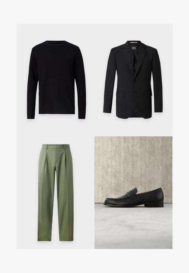 Blazer noir avec revers crantés, design à un bouton, deux boutons et deux poches avant. Tissu lisse et coupe ajustée.; Pull en maille noir avec un col rond et des manches longues. Texture lisse et couleur unie, sans motifs ni accents visibles.; Pantalons sur mesure en tissu vert olive avec une texture lisse, présentant deux plis avant, des passants de ceinture et une coupe droite.; Mocassin en cuir noir flottant au-dessus d'un tapis beige avec une table ronde brune brillante en arrière-plan.