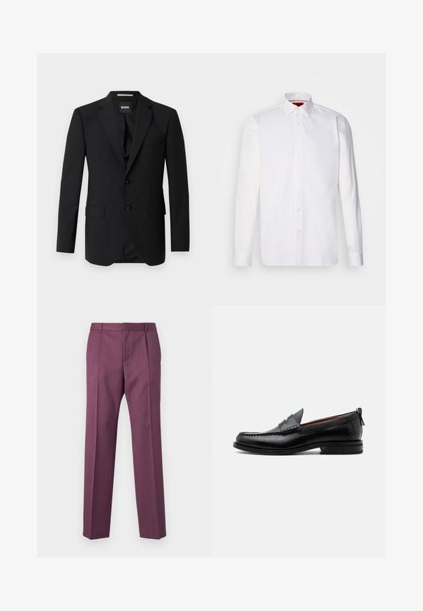Schwarzes Blazer mit Reverskragen, einreihigem Design, zwei Knöpfen und zwei frontalen Taschen. Glattes Gewebe und taillierte Passform.; Weißes langärmliges Hemd aus Baumwolle mit klassischem Kragen, Knopfleiste vorne und glatter Textur. Rote Details im inneren Kragen.; Lila, gestreifte Hose mit geraden Beinen, taillierter Passform und Fronttaschen. Hergestellt aus leichtem Material, mit Gürtelschlaufen und Bügelfalte.; Schwarzer Leder-Herrenschuh mit Mokassinnaht, Penny-Riemen, strukturiertem Kragen und niedrigem gestapeltem Absatz auf weißem Hintergrund.