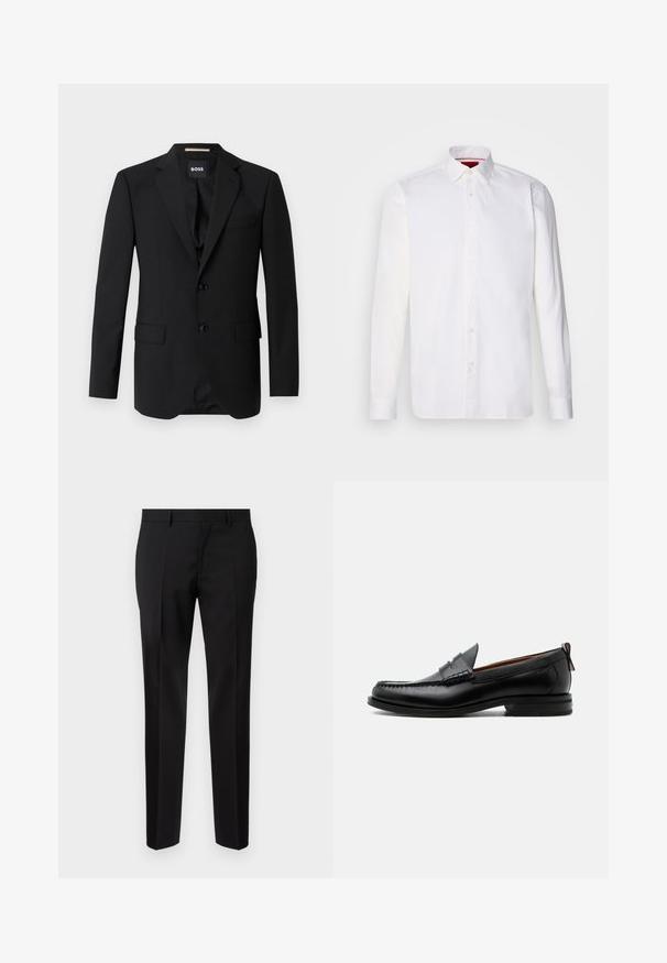 Sort blazer med spidse klapper, enknapsdesign, to knapper og to frontlommer. Glat stof og skræddersyet pasform.; Hvid langærmet skjorte lavet af bomuld, med en klassisk krave, frontplacket med knapper og en glat tekstur. Rød detalje på den indre krave.; Sorte skræddersyede bukser lavet af glat stof, med lige ben, raffinerede folder og en klassisk talje med bæltestropper.; Sort læder herre loafer med moc-tå syning, penny strop, struktureret krave og lav stablet hæl på hvid baggrund.