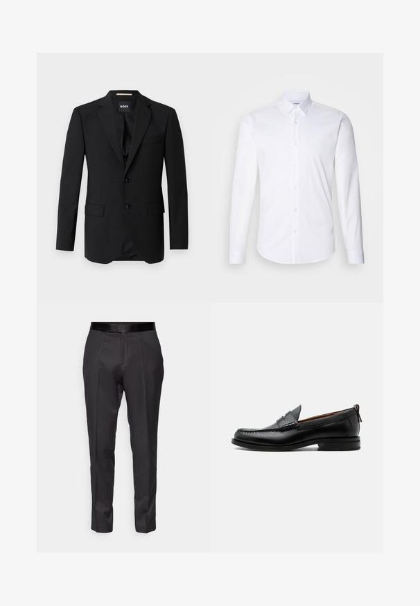 Blazer noir avec revers crantés, design à un bouton, deux boutons et deux poches avant. Tissu lisse et coupe ajustée.; Chemise blanche à manches longues avec boutons, fabriquée en coton lisse, dotée d'un col classique, d'une fermeture à boutons et d'un ourlet arrondi.; Pantalons noirs ajustés avec une coupe slim, devant plat et légère brillance. Présentent une taille noire lisse et des détails de plis le long des jambes.; Mocassin homme en cuir noir avec couture moc toe, bride penny, col texturé et petit talon empilé sur fond blanc.